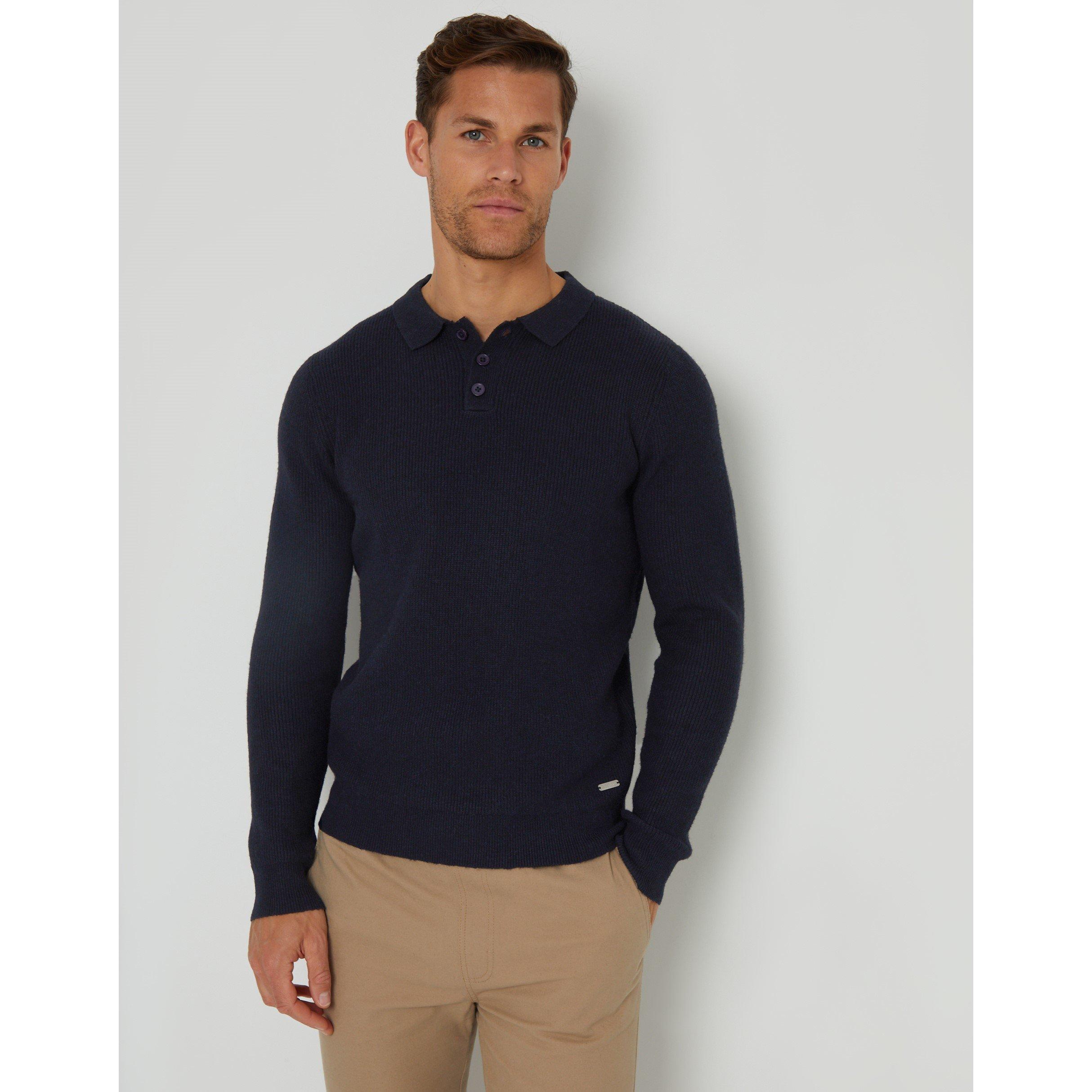 Threadbare TB Knitted Long Sleeve Polo Shirt Mens