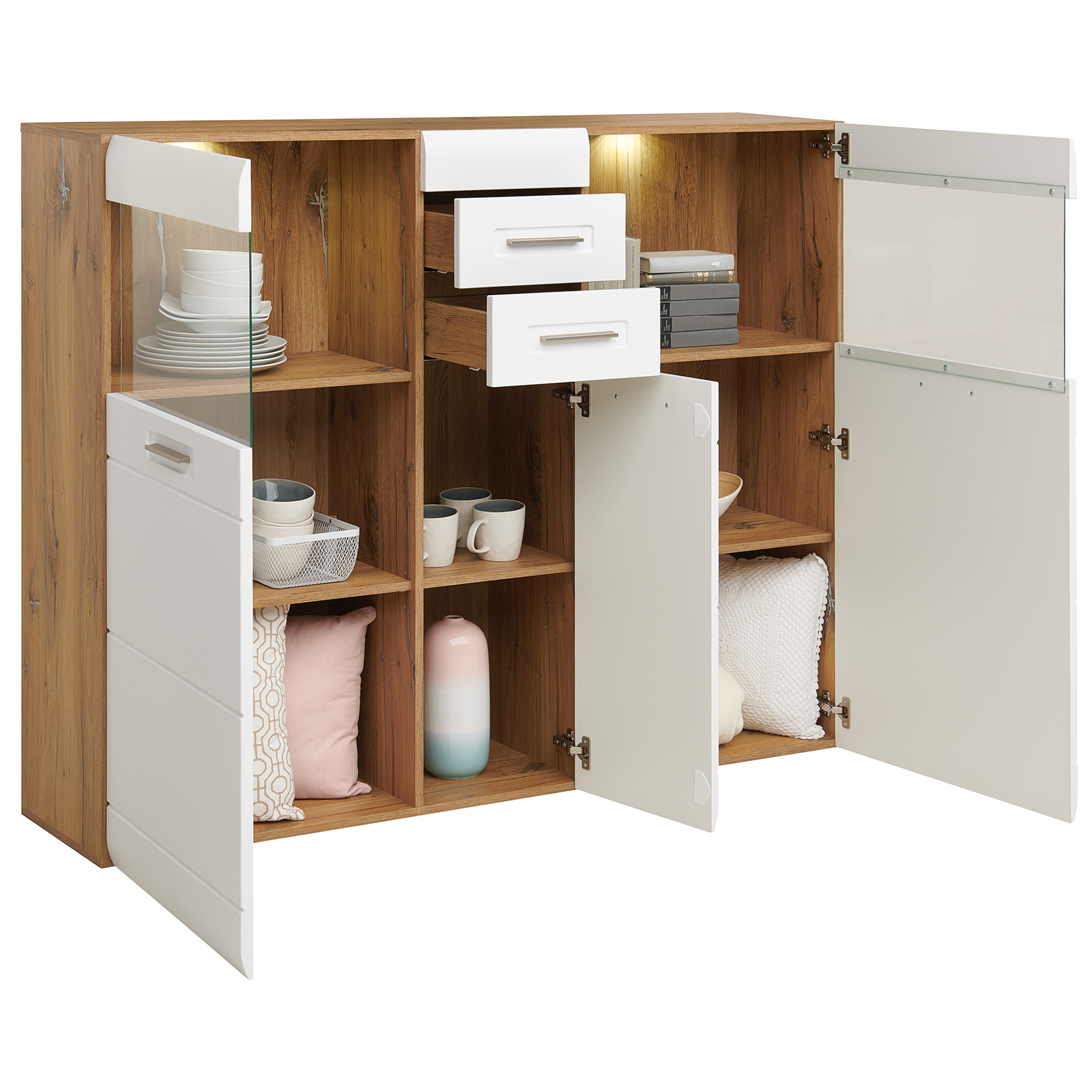 Luca Bessoni Highboardvitrine AURIS - weiß-Flagstaff Eiche - 155 cm