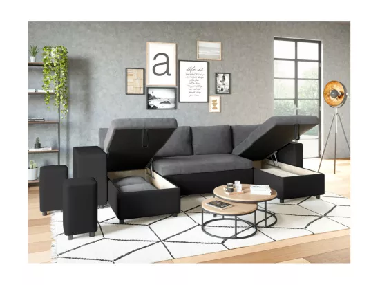 Canapé panoramique Oslo convertible avec coffres, poufs à droite - Simili/Microfibre - Noir/Gris - L311 x P146 x H81cm - Loungitude