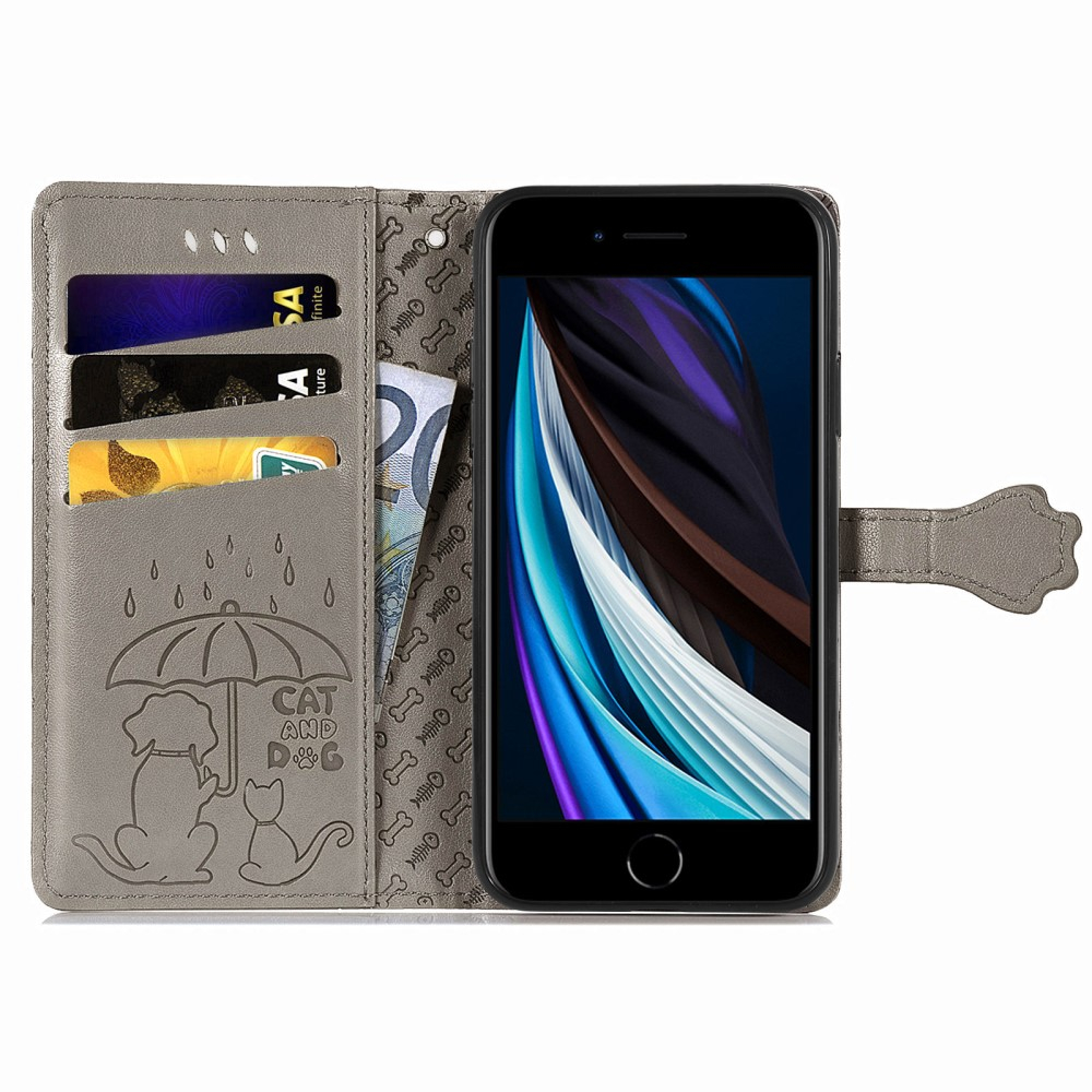 iPhone SE (2022/2020) / 8 / 7 / 6S Leder Tasche Flip Cover Hunde & Katzen Imprint - Grau