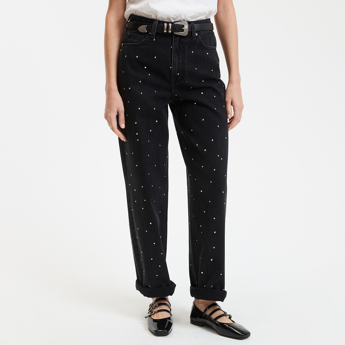COLEÇÕES LA REDOUTE<br>Calça jeans de perna larga e cintura alta com strass