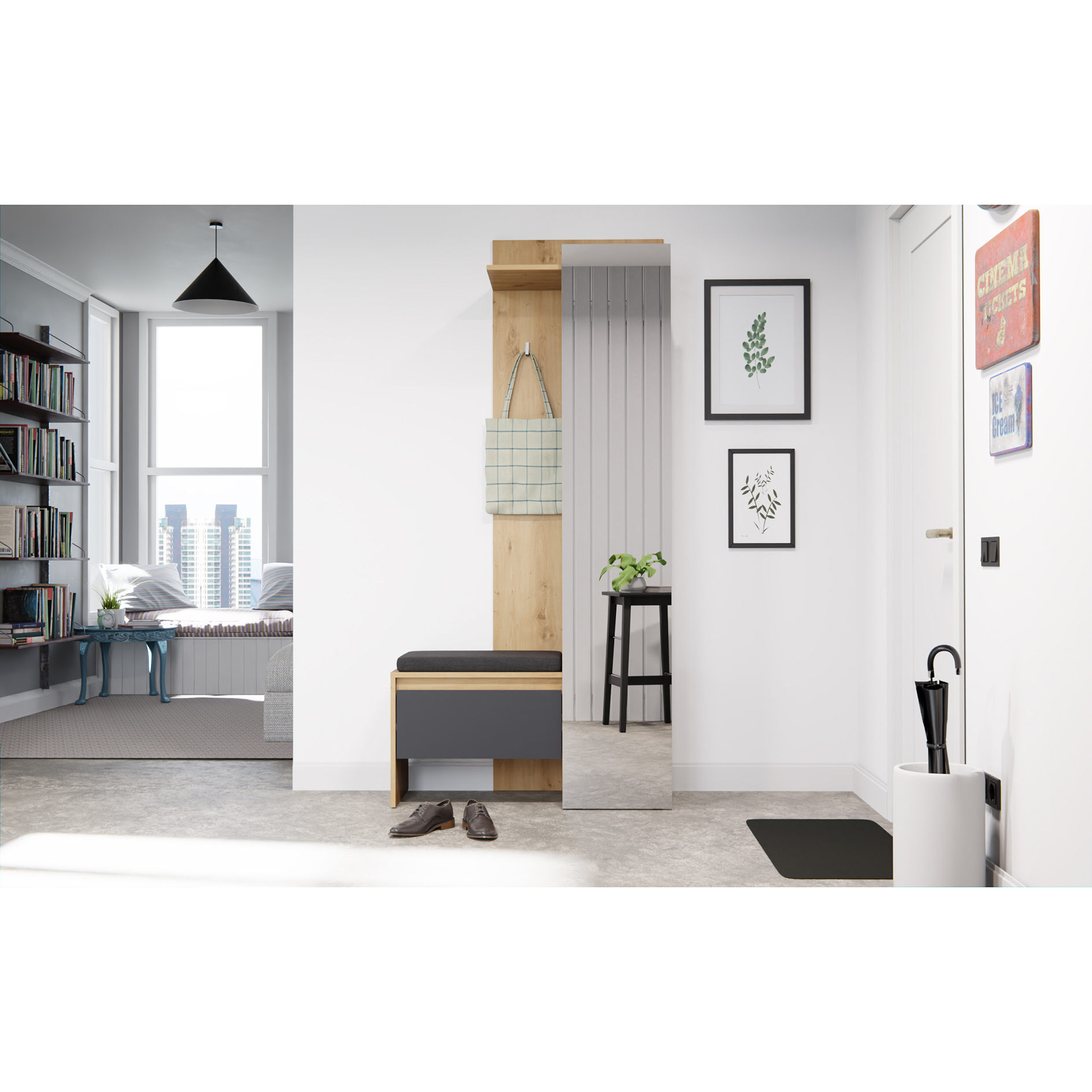 Kompaktgarderobe TORINO - Eiche-grau - mit Spiegel