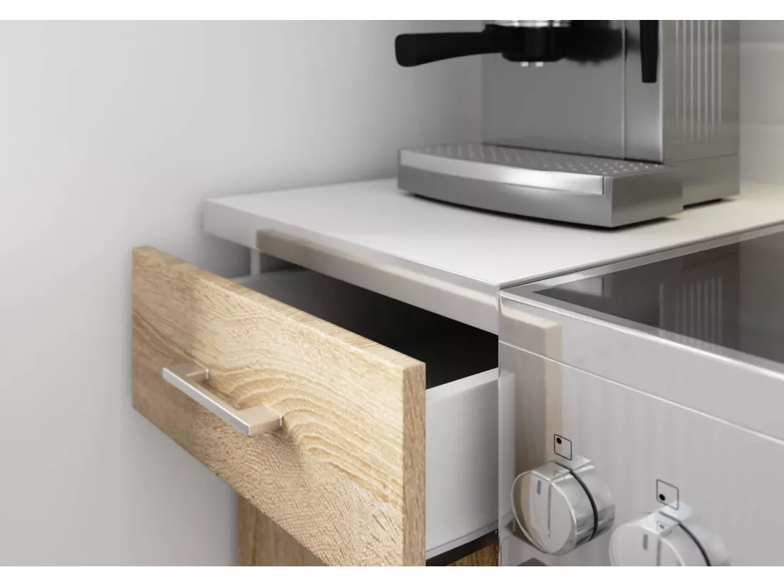 Ensemble De Cuisine AKORD LIMA 1.8m Blanc 180 cm 7 portes 1 tiroir façade Chêne Sonoma 8 étagères 180x44,5x203 cm