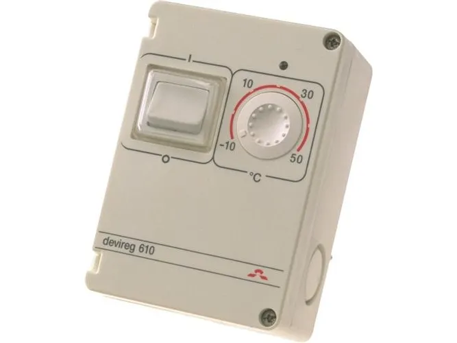 DEVIreg 610 termostat IP44 10 A 2-pol, område (-10°C til  50°C) m dobbelt isololeret lednings føler