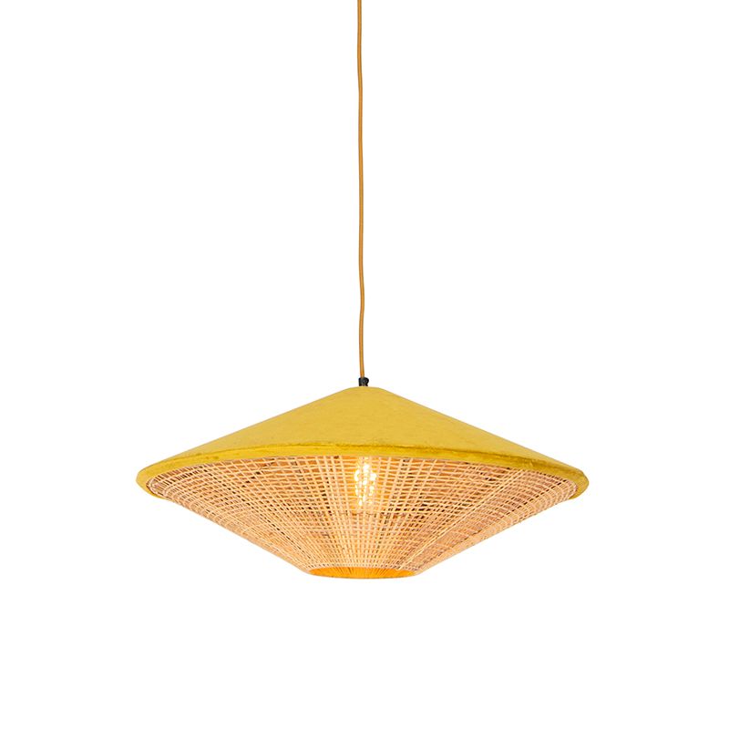 Landelijke hanglamp geel velours met rotan 60cm - Frills Can