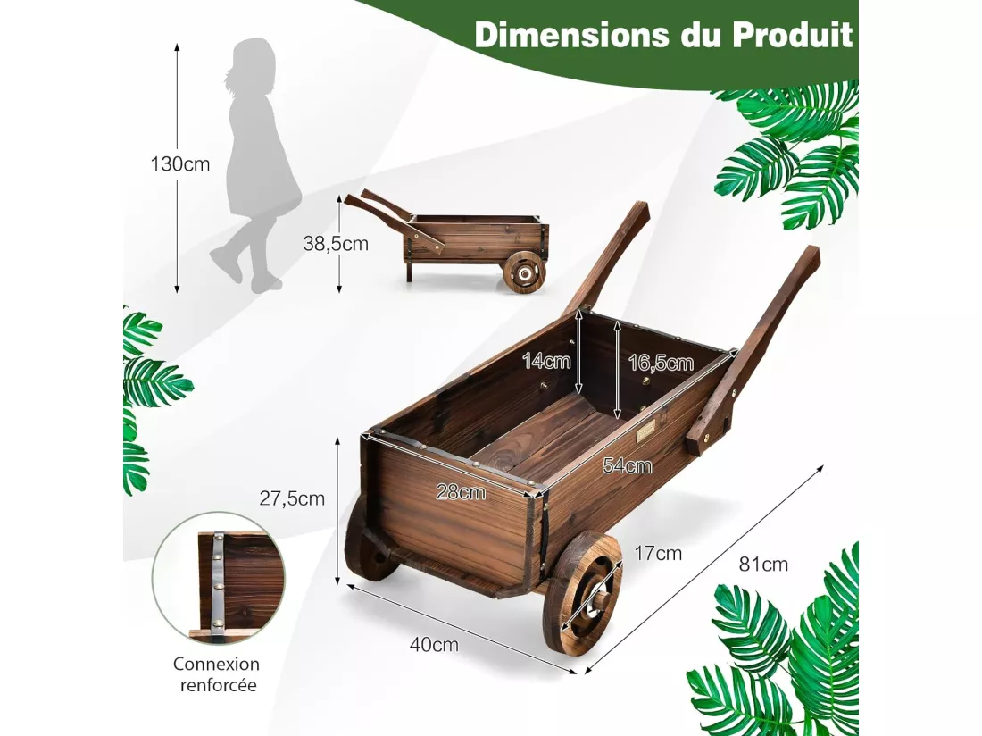 Brouette à Fleurs Jardinière en Bois de SaBois Carbonisé à Roues, Jardinière de Jardin avec Poignée et Trou de Drainage Charge 20KG, pour Patio Jardin Cour, 81 x 40 x 38,5 cm