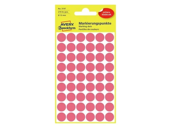 Etiket Avery Zweckform neonrød Ø12 mm - (5 ark x 54 stk.)