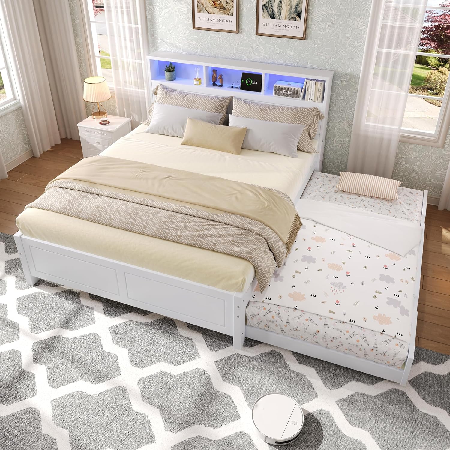 Holzbett Doppelbett 120x200&90x190 cm, Funktionsbett mit ausziehbarem Bett, Kopfteil mit LED-Lichtstreifen&Ladefunktion&Staufach, Bettgestell Gästebett Flachbett mit Lattenrost, Ohne Matratze, Weiß