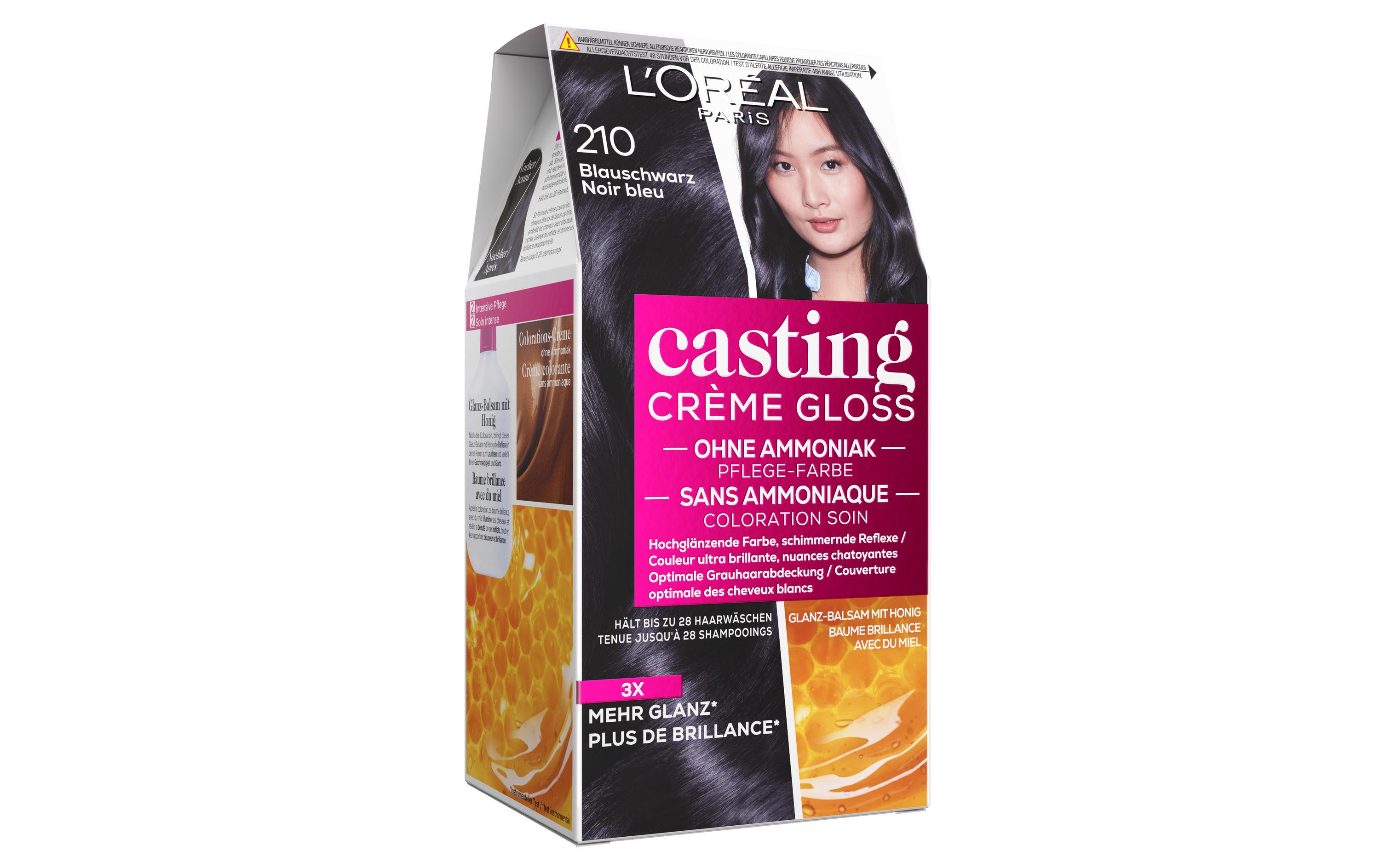 Haarcoloration Casting Crème Gloss 210 BlauschwarzSemi-Permanente Haarfarbe.Casting Crème Gloss bietet Farbe und Pflege in Einem.Einzigartige Formel ohne Ammoniak für glänzende Farbreflexe und gepflegtes Haar.Hält bis zu 28 Haarwäschen.