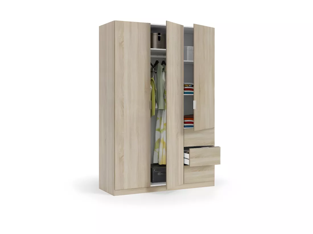 Armoire 3 portes battantes + 3 tiroirs Chêne - WAO - L 135 x l 52 x H 200 cm