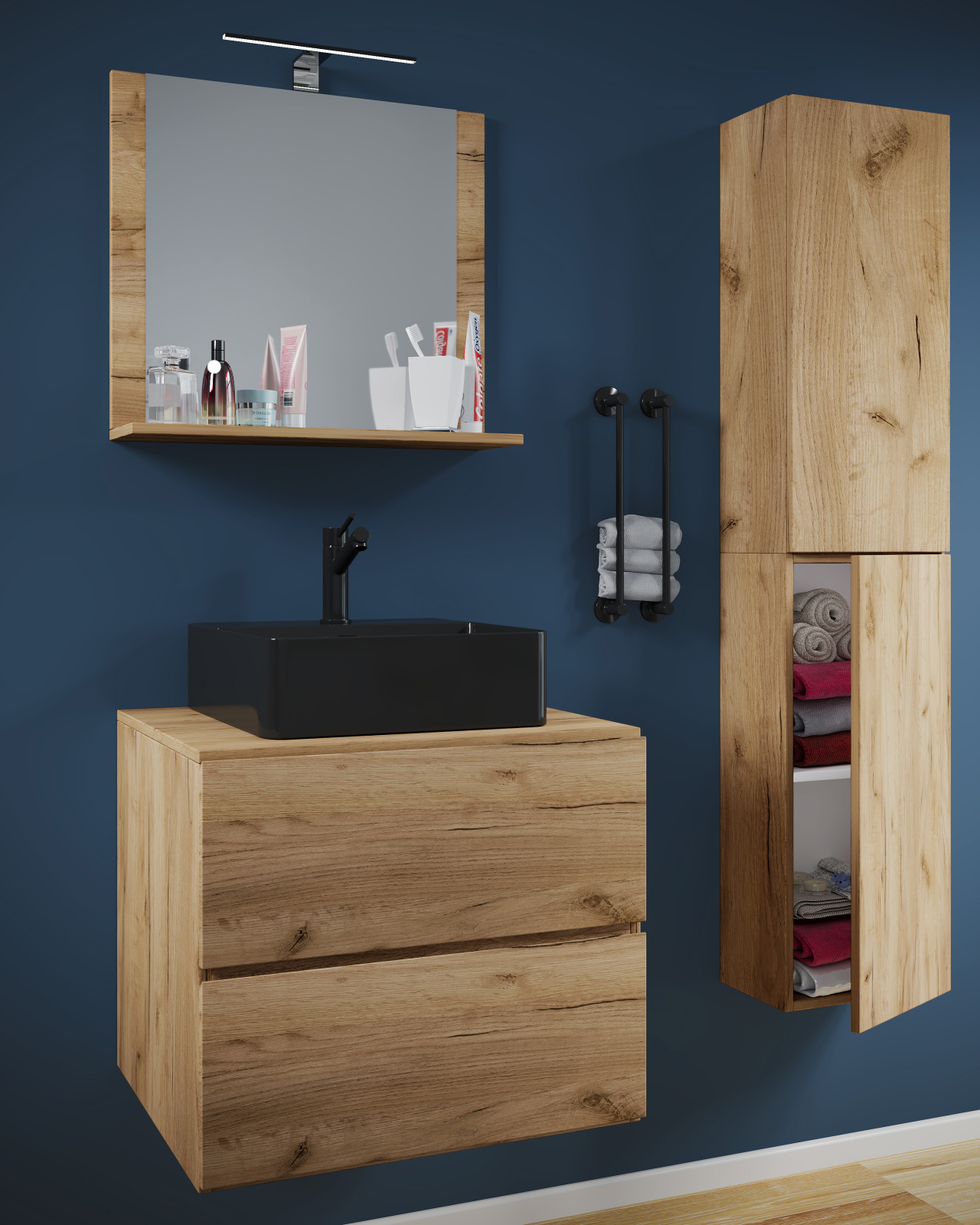 4-teiliges Badmöbel-Set LENDAS BL L - Honig-Eiche - mit Hochschrank - 94 cm