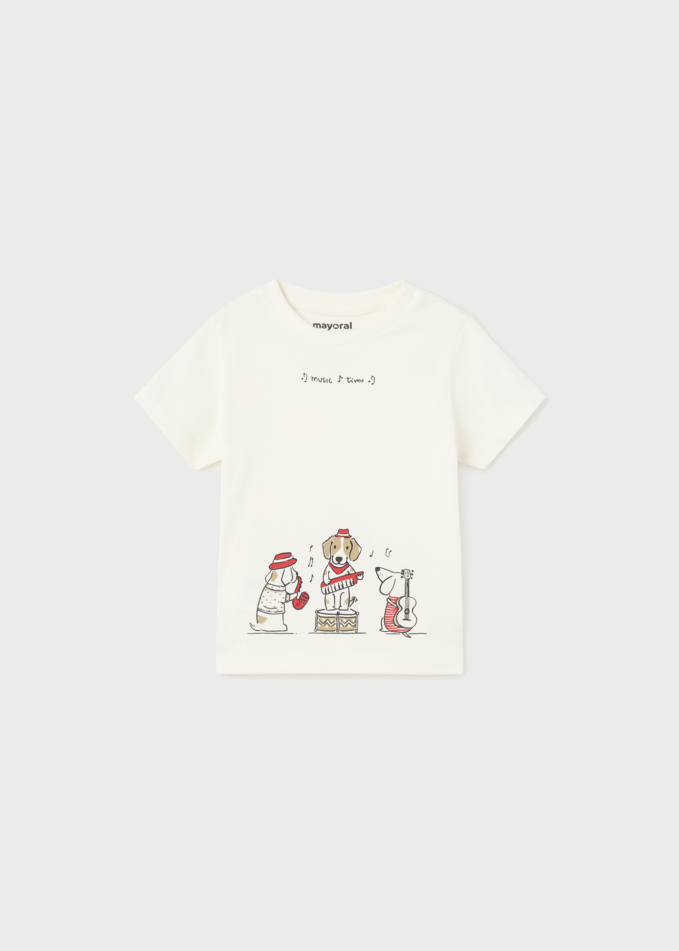 Camiseta de manga curta estampada para bebê, feita de algodão sustentável.