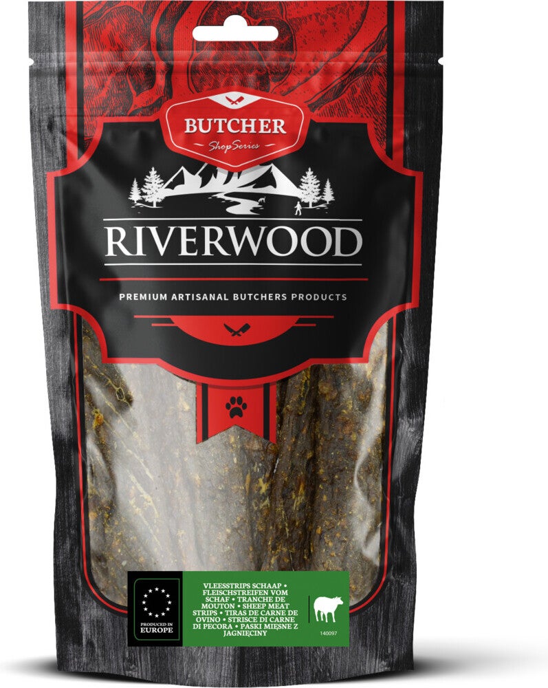 Riverwood natuurlijke snack Butcher vleesstrip lam 150 gram