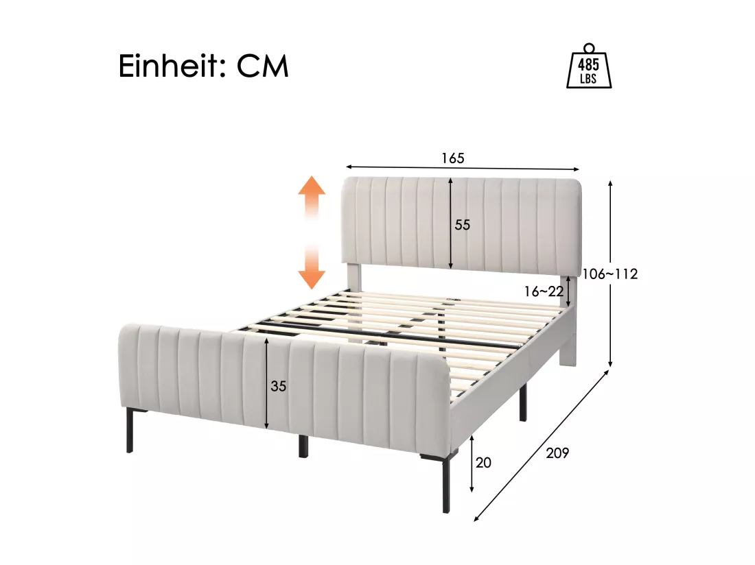 Lit double capitonné 160 x 200 cm, avec sommier à lattes et tête de lit réglable, lit capitonné gris-beige, tissu en lin