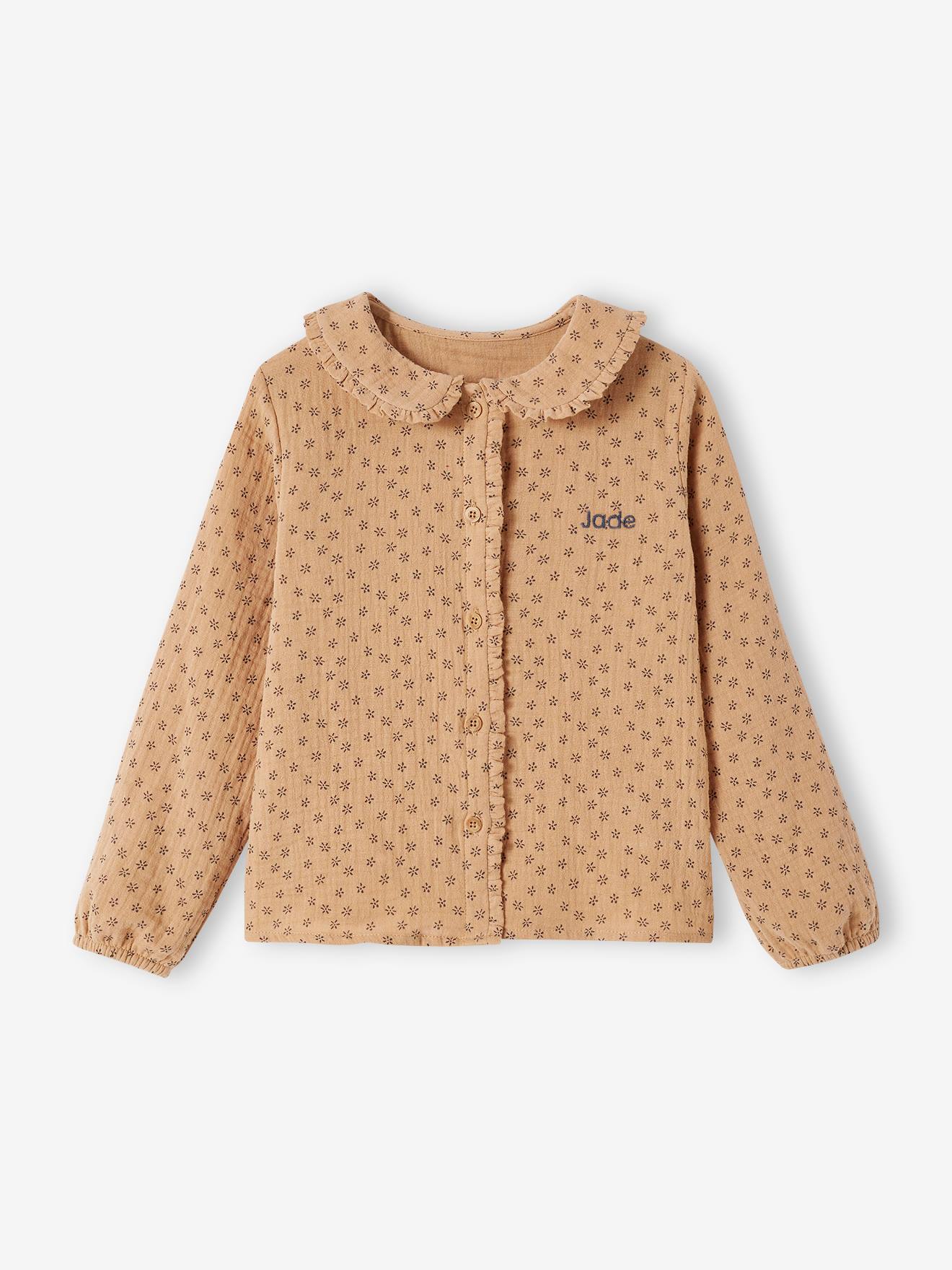 Blusa de chiffon de algodão com detalhes de babados e estampas, para meninas, tamanho médio, estampa branca.