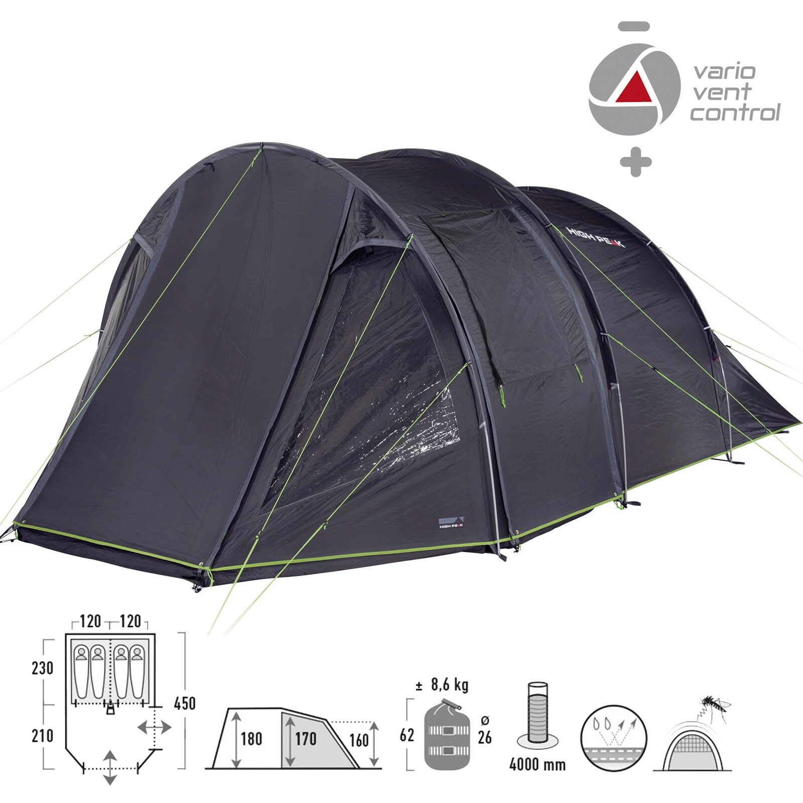 HIGH PEAK Tunnelzelt Paxos 4 Personen Camping Gruppen Zelt Familienzelt Vorraum