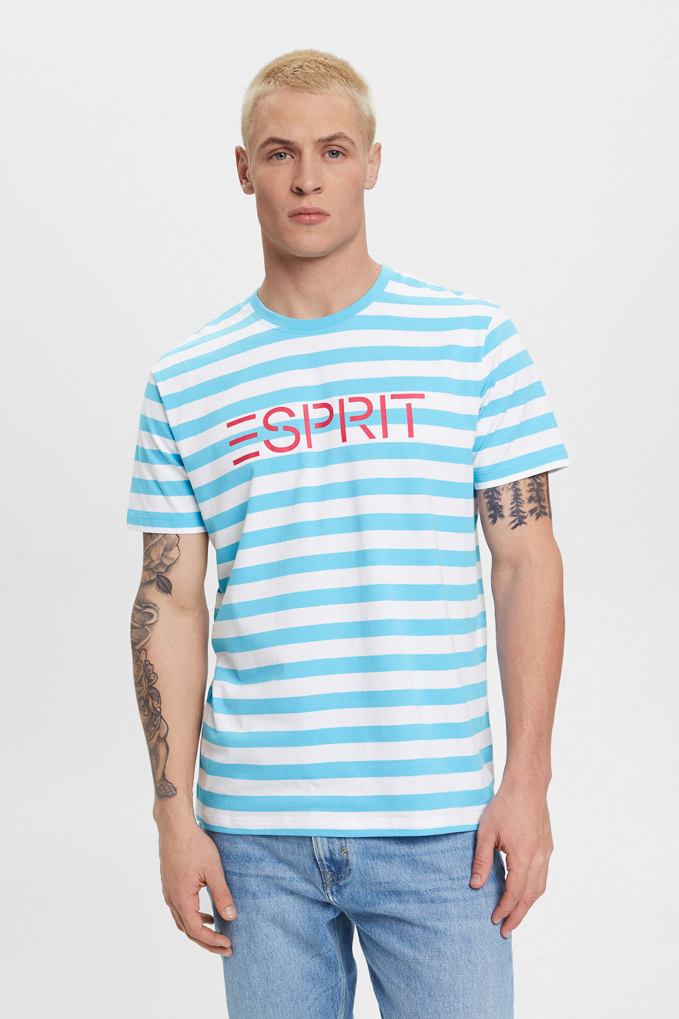 Camiseta listrada com logo, algodão orgânico - Estampa turquesa