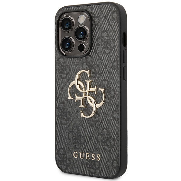 iPhone 15 Pro Max Leder Hardcase Hülle Metall Logo (GUHCP15X4GMGGR) - Grau / Gold