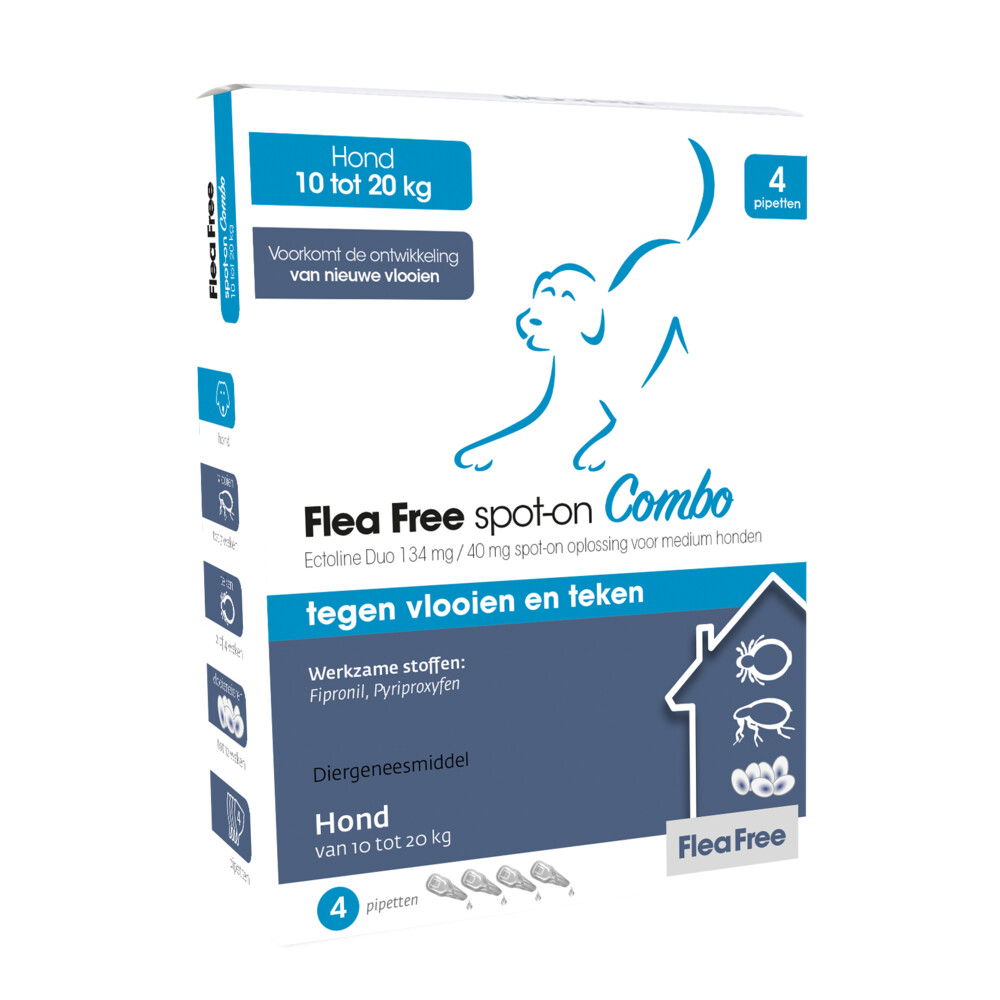 Flea Free Spot-on Combo Anti Vlooien en Teken Druppels Hond 10-20 kg4 pipetten