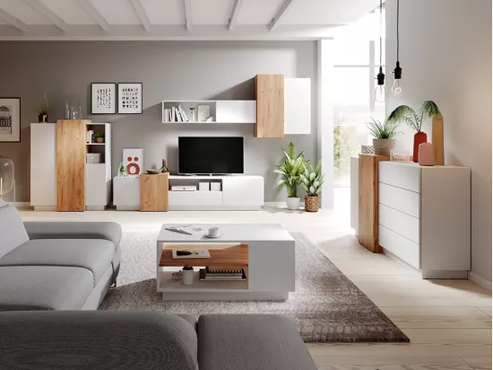 Buffet haut FRANCOLI - 3 portes et 2 niches - Blanc et chêne