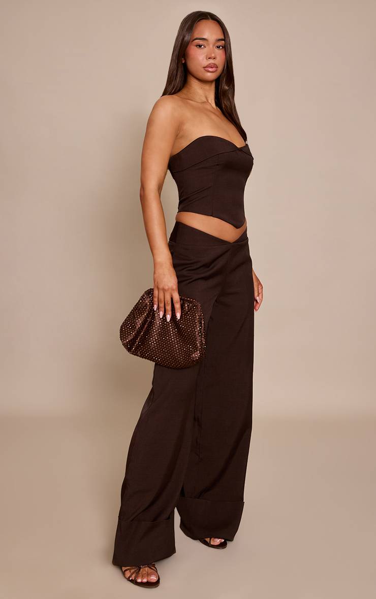 Marron Pantalon Tailleur Taille Basse Évasé