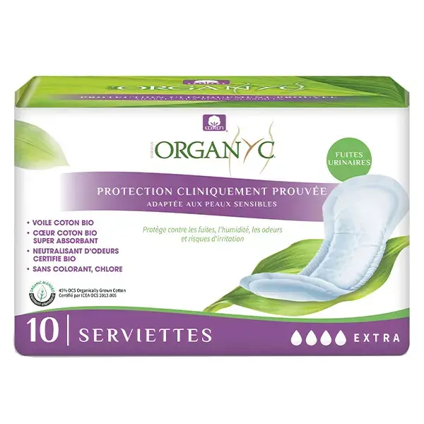 Absorventes para incontinência urinária Organyc Extra Flow em algodão orgânico, pacote com 10 unidades.