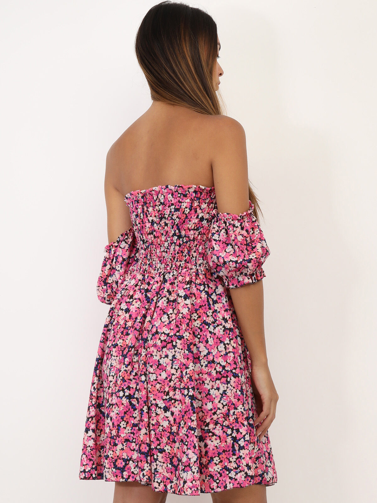Robe bardot à fleurs et manches ballon- Noir et Rose