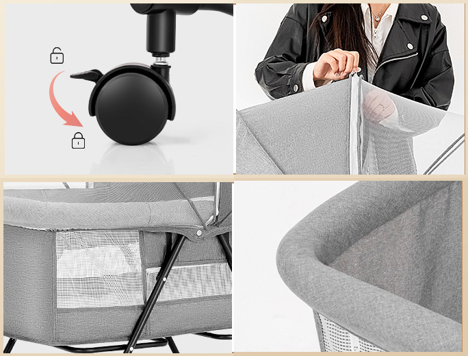 (93x112cm) Klappbares Baby Beistellbett Kinder Reise Bett Stubenwagen mit Rollen   Moskitonetz - Grau