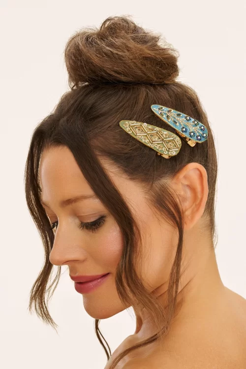 Powder Jewelled haarclips in saliegroen en tealblauw