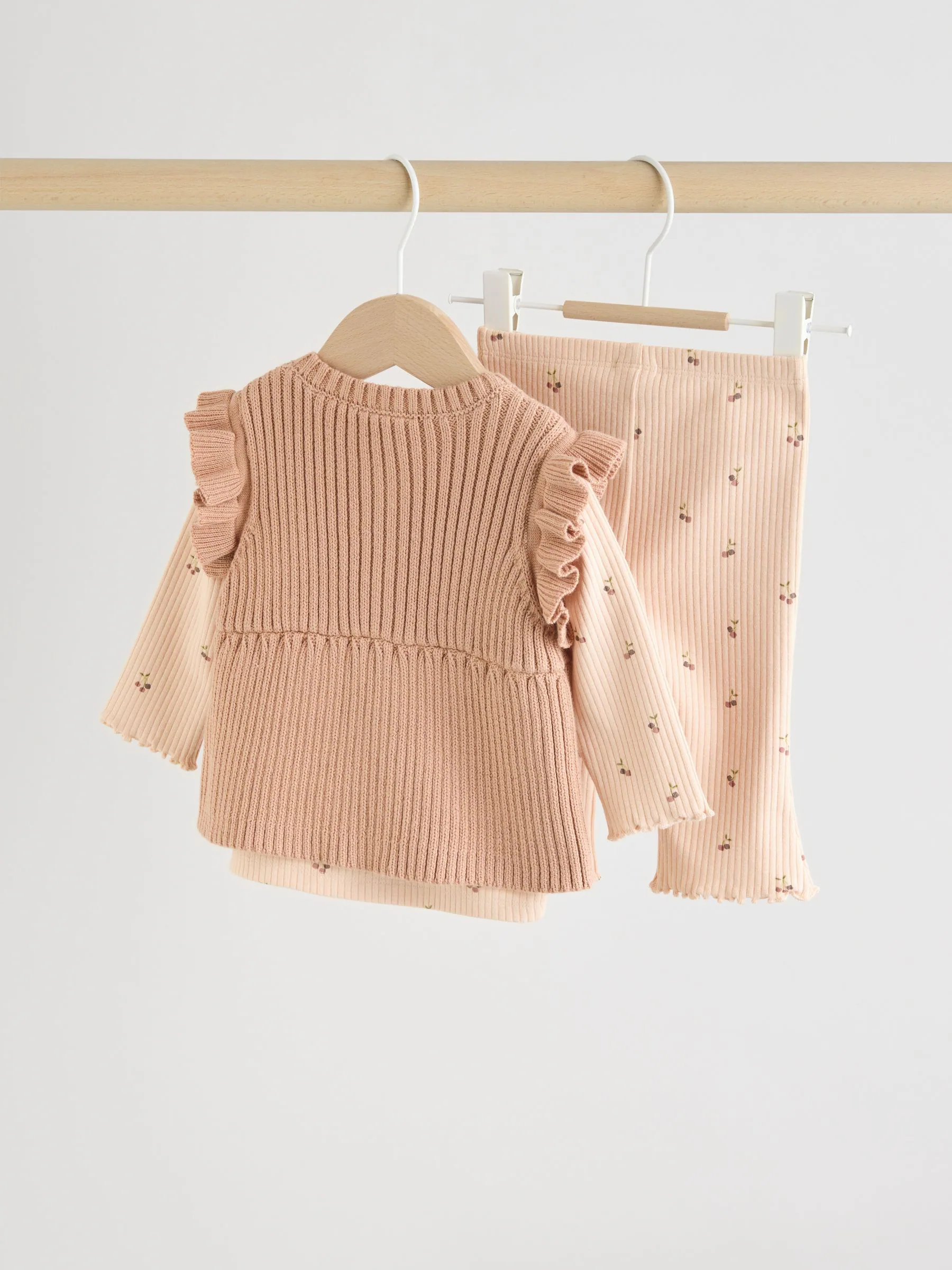 Naturel Kersenrood - Gebreide baby bodywarmer, top met lange mouwen en leggings 3 -delige set (0mnd-3jr)