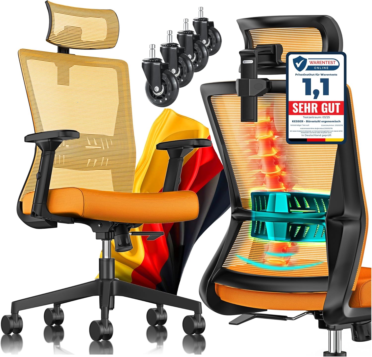 KESSER® Bürostuhl Ergonomisch mit verstellbaren Armlehnen | Drehstuhl mit Lendenwirbelstütze Rückenschonend | Schreibtischstuhl mit Kopfstütze | Office Chair Wippfunktion bis 125° mit 5X Gummirollen OA7080031
