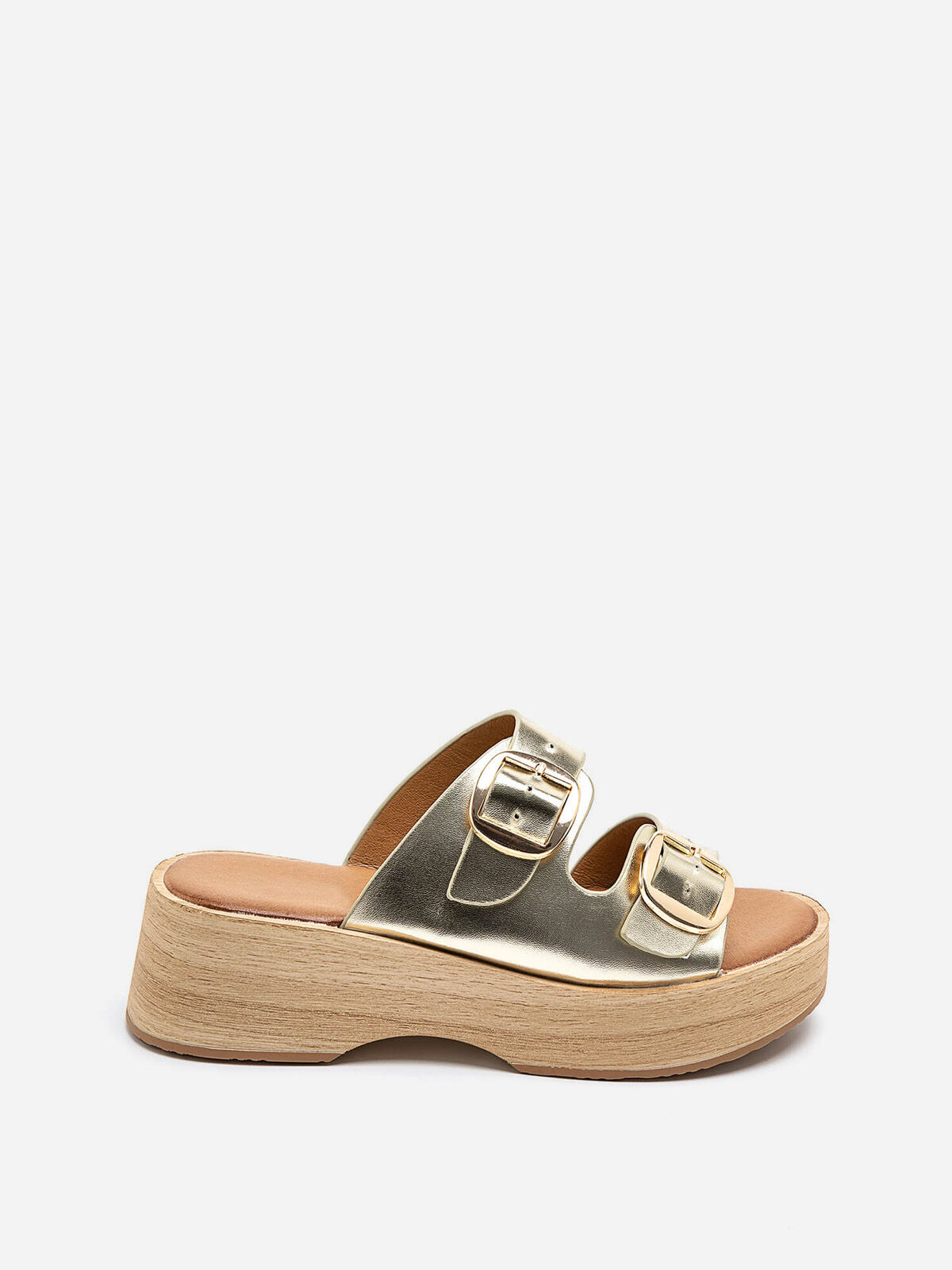 Mules à brides et plateforme en bois- Doré