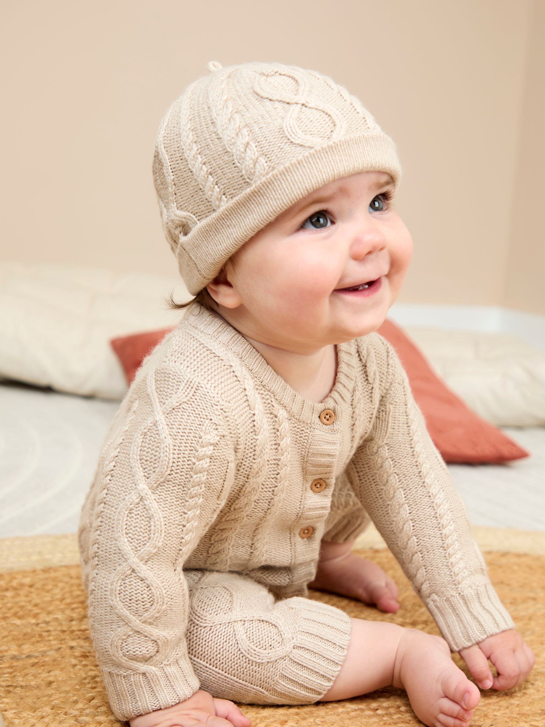 JoJo Maman Bébé Cable Knit All-In-One With Hat