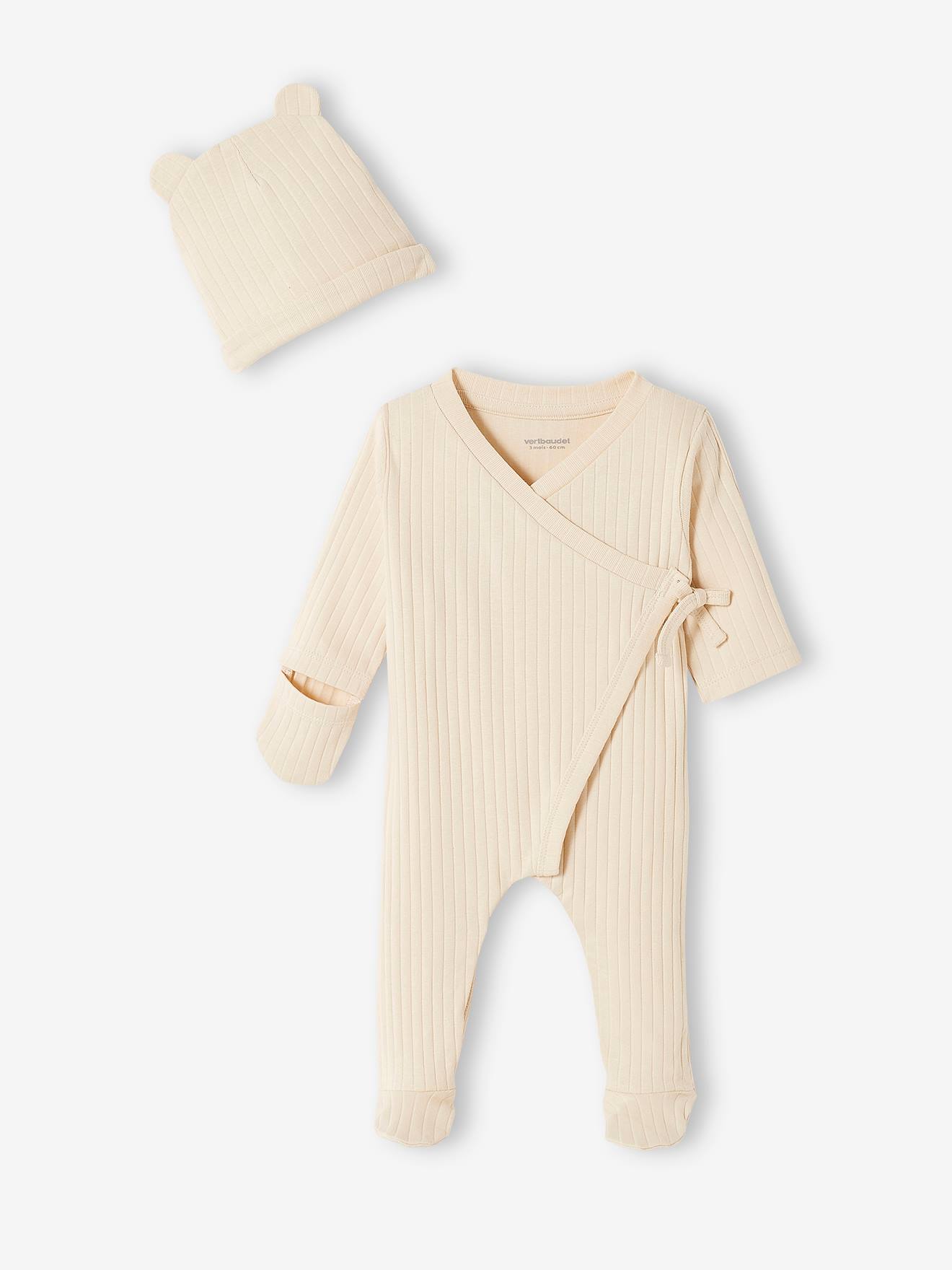 Conjunto de macacão e gorro canelados para bebê, bege claro liso
