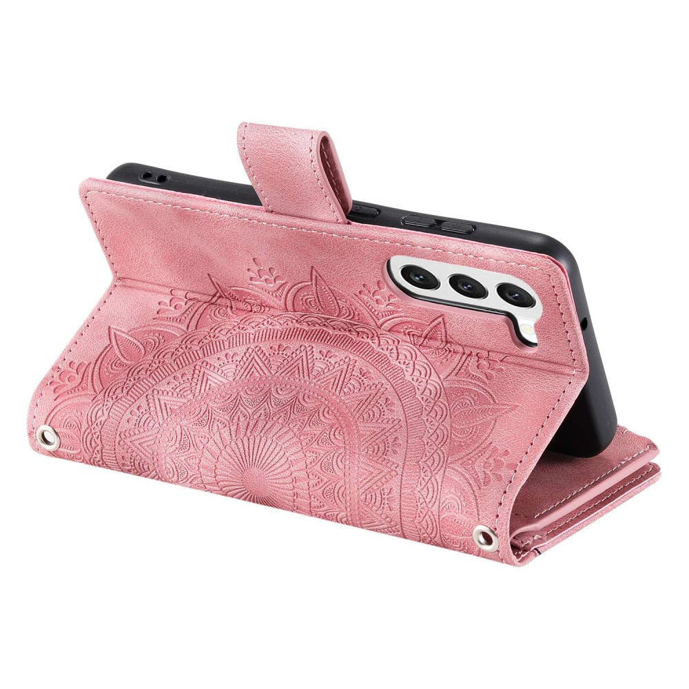 Samsung Galaxy S23 5G Leder Tasche Flip Cover mit Reissverschluss - Mandala Flowers Imprint - Rosa