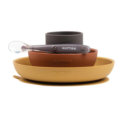 Set assiette en silicone Ocre/Brique (Bol-Verre-Cuillère) - NATTOU