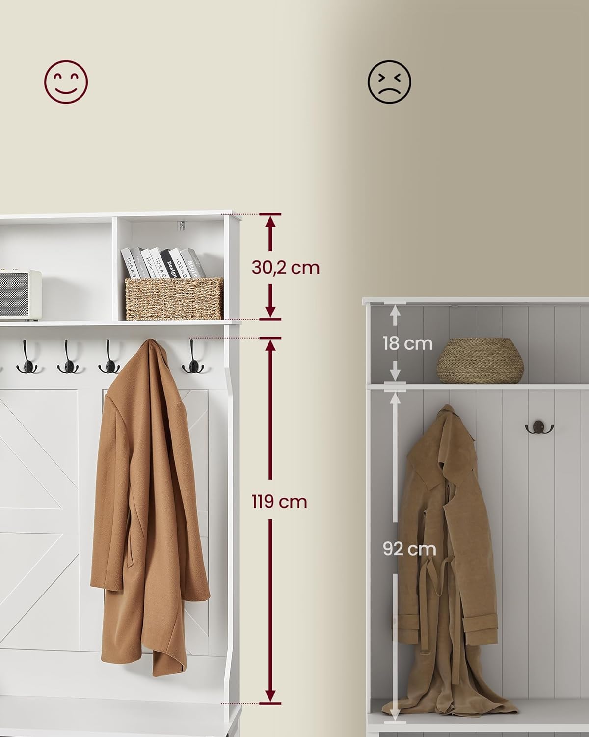 VASAGLE Kleiderständer, Garderobe, Eingangsmöbel mit Schuhregal, verstellbare Ablagen, 20 offene Fächer, 6 Dreifach-Haken, Landhausstil, freistehend, für Eingangsbereich, Flur, wolkenweiß HSR440W03