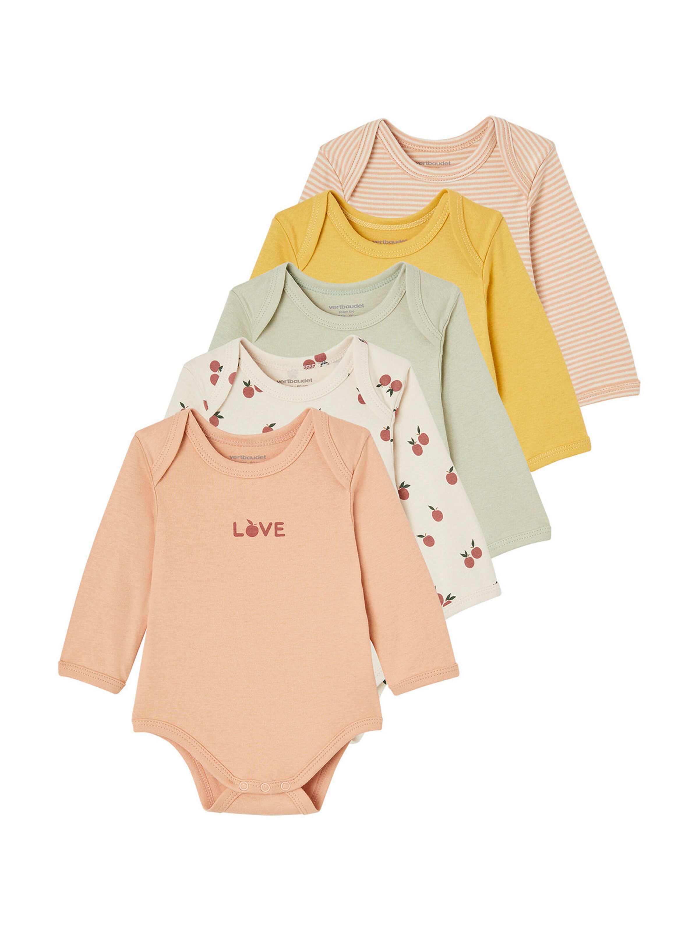 Vertbaudet 5er-Pack Baby Langarm-Bodys in Schlupfform mit Früchten, Bio-Baumwolle salbeigrün