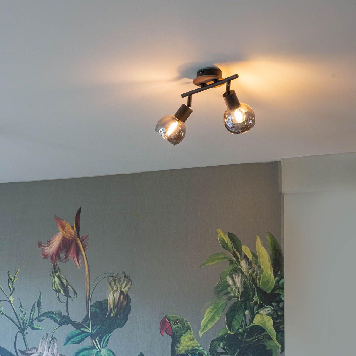 Plafondlamp zwart met smoke glas en hout 2-lichts - Vidro