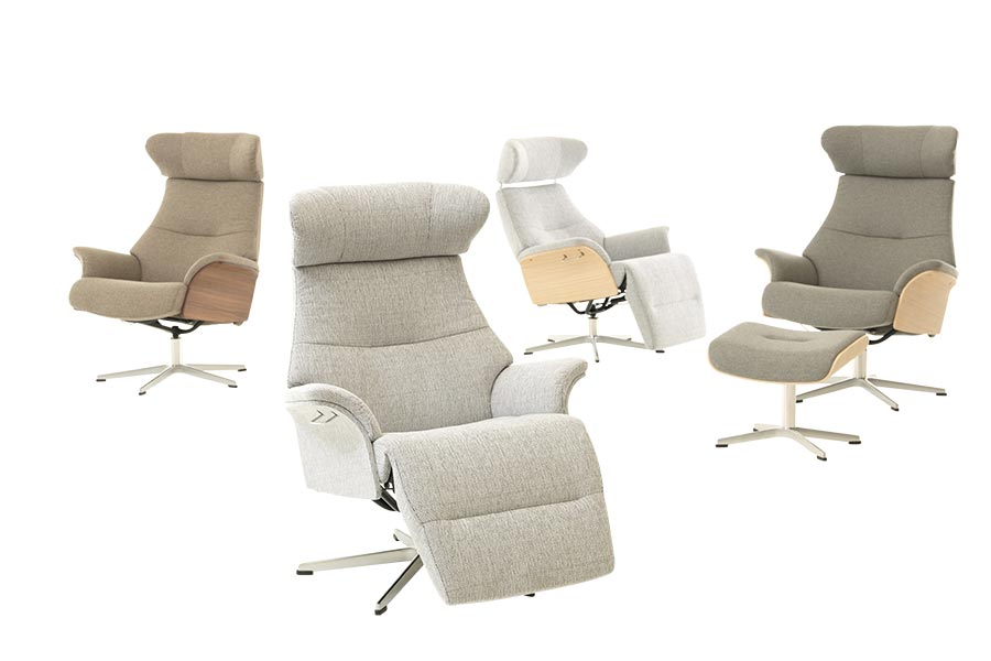 Air lenestol Stol med integrert fothviler. Tekstil Cortina 75 silver. Helkledde sider. Fot i aluminium med svingretur.