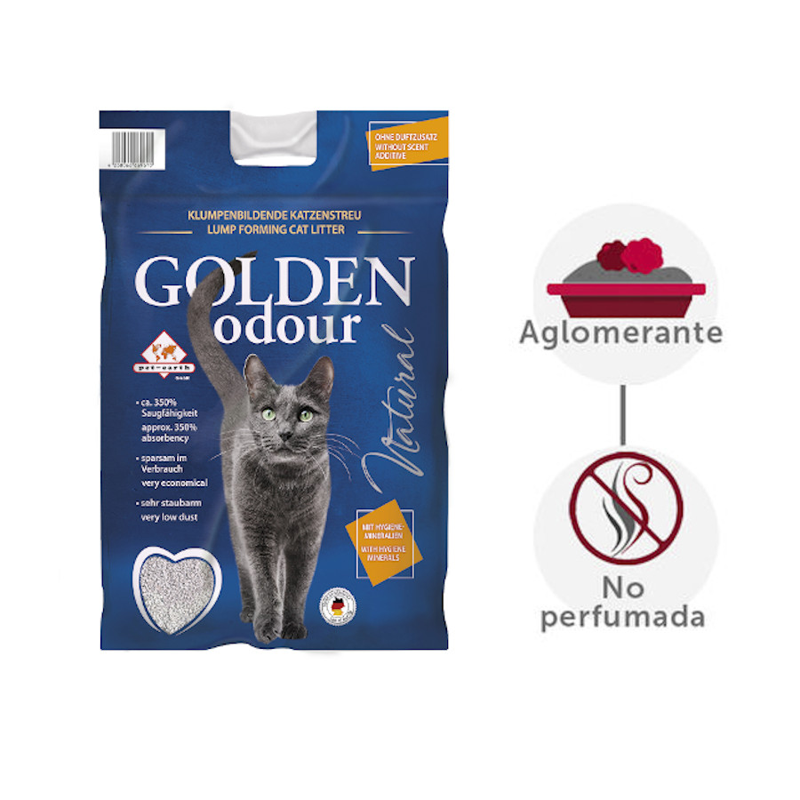 Areia aglomerante Golden Odor absorve odores para gatos.