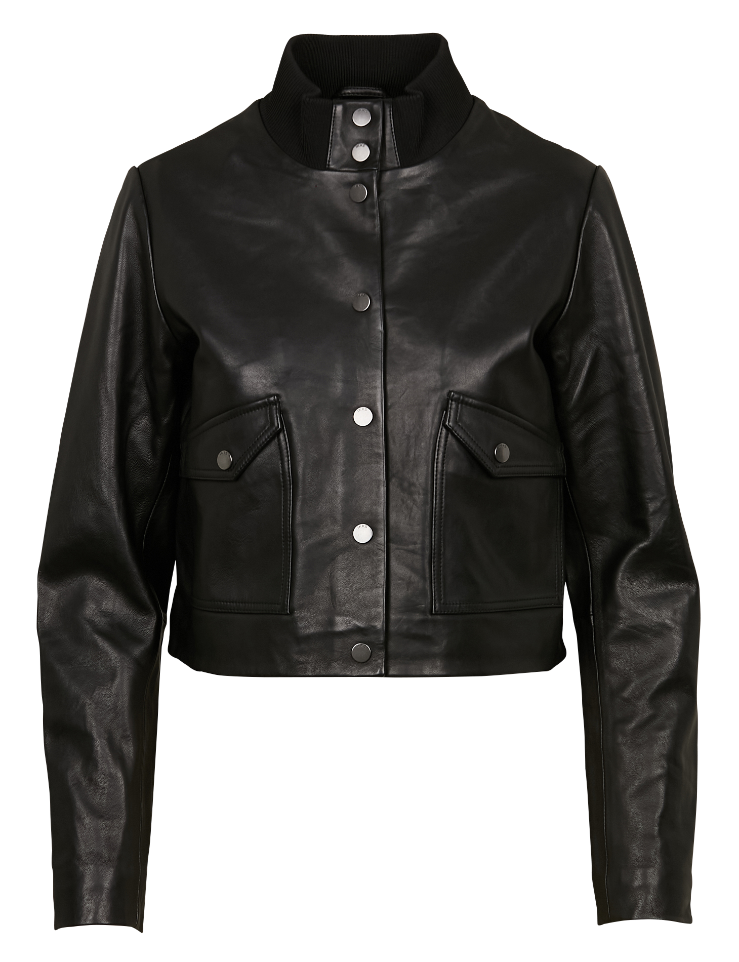 Blouson droit col montant en cuir | Noir