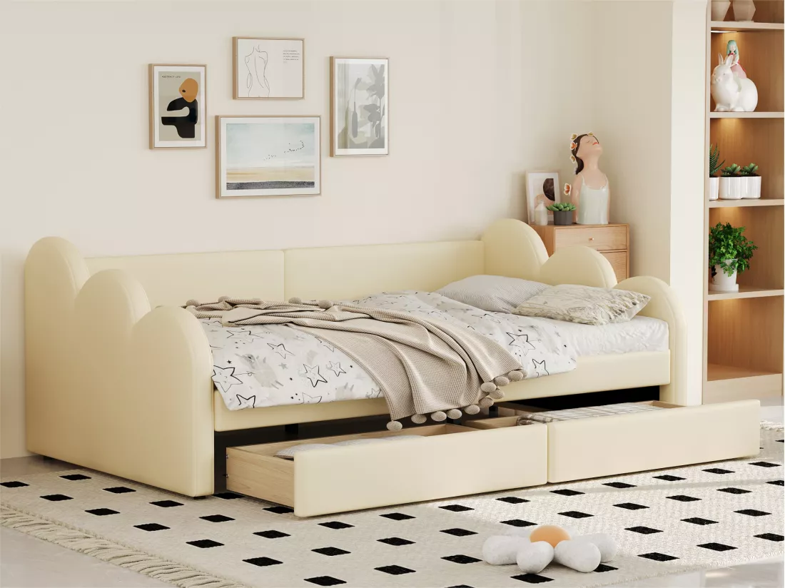 Lit banquette rembourré en similicuir 90x200cm - avec 2 tiroirs - Beige