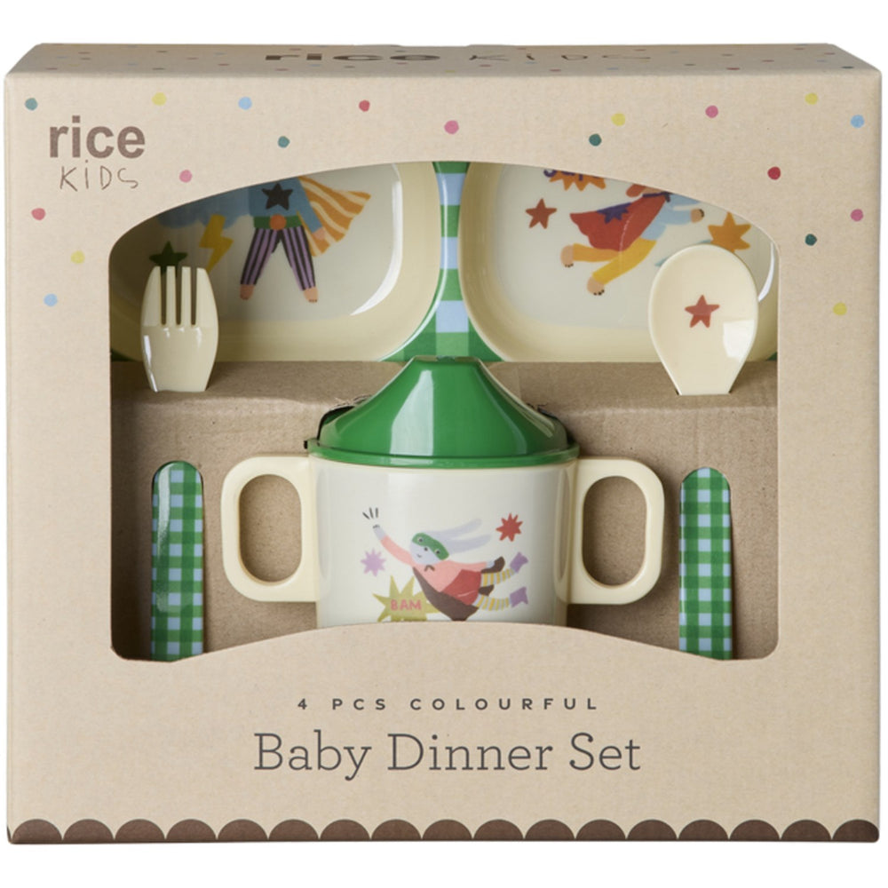 Køb Rice Melamin Baby Dinner Sæt In Giftbox - Hero Print - Green - 4 Pcs