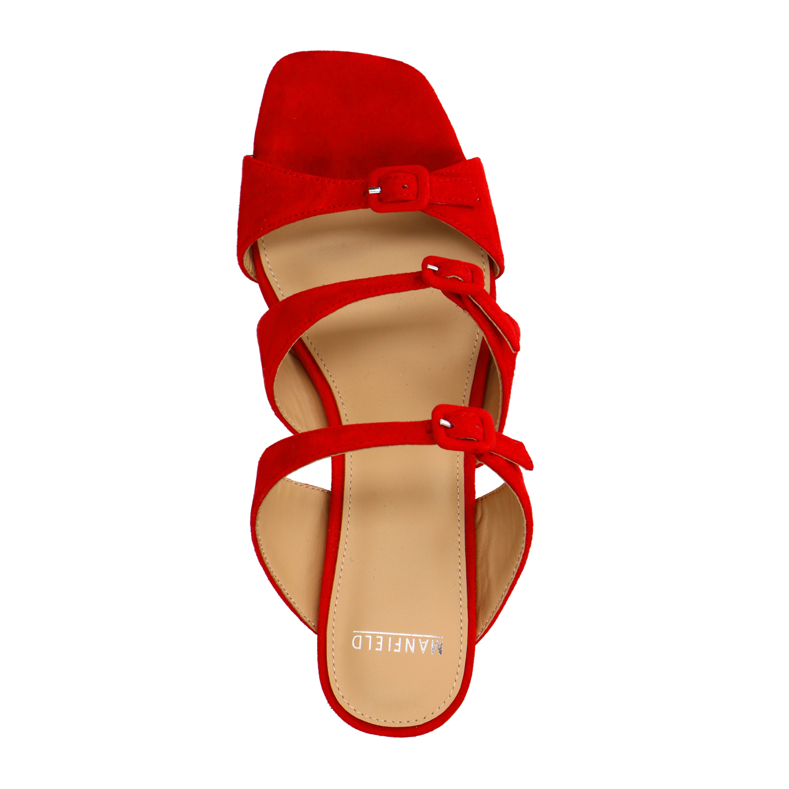Rode suède sandalen met hak en gespjes