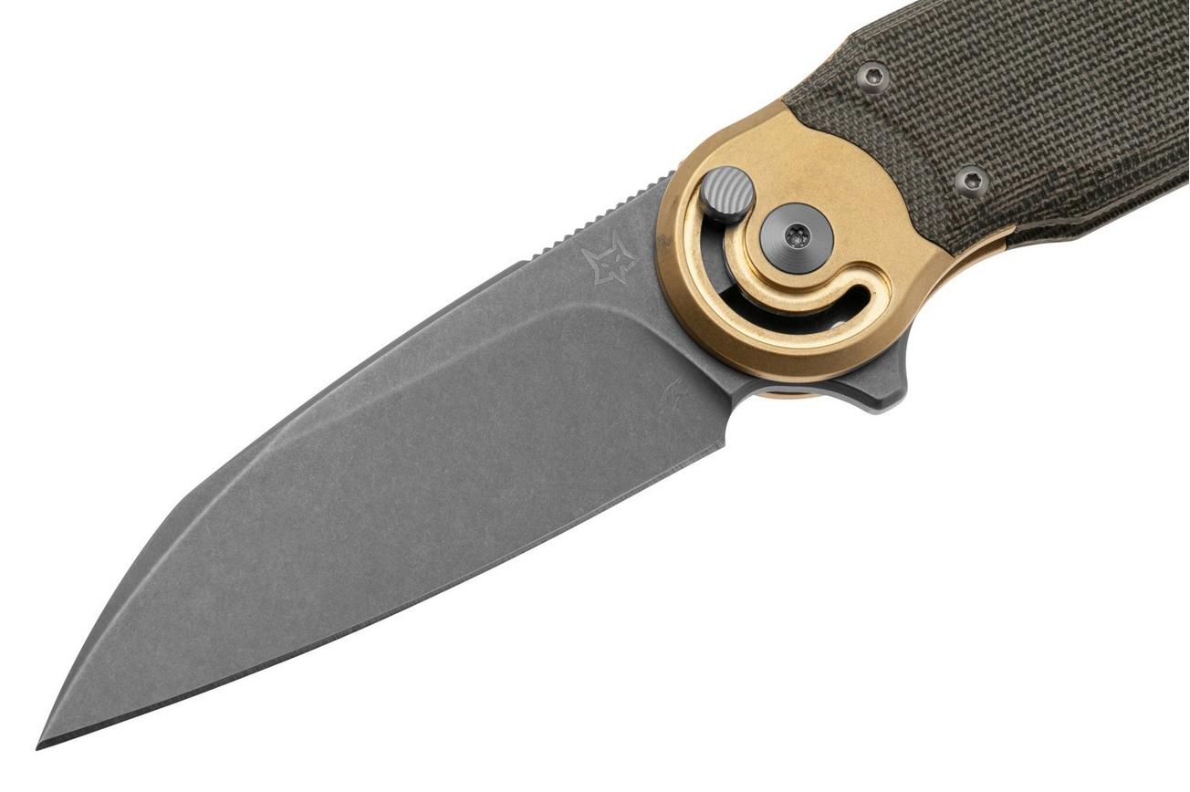 Fox Metamorphosis FX-556-B4 M390 Stonewash Wharncliffe, Green Micarta, Brass bolster zakmes