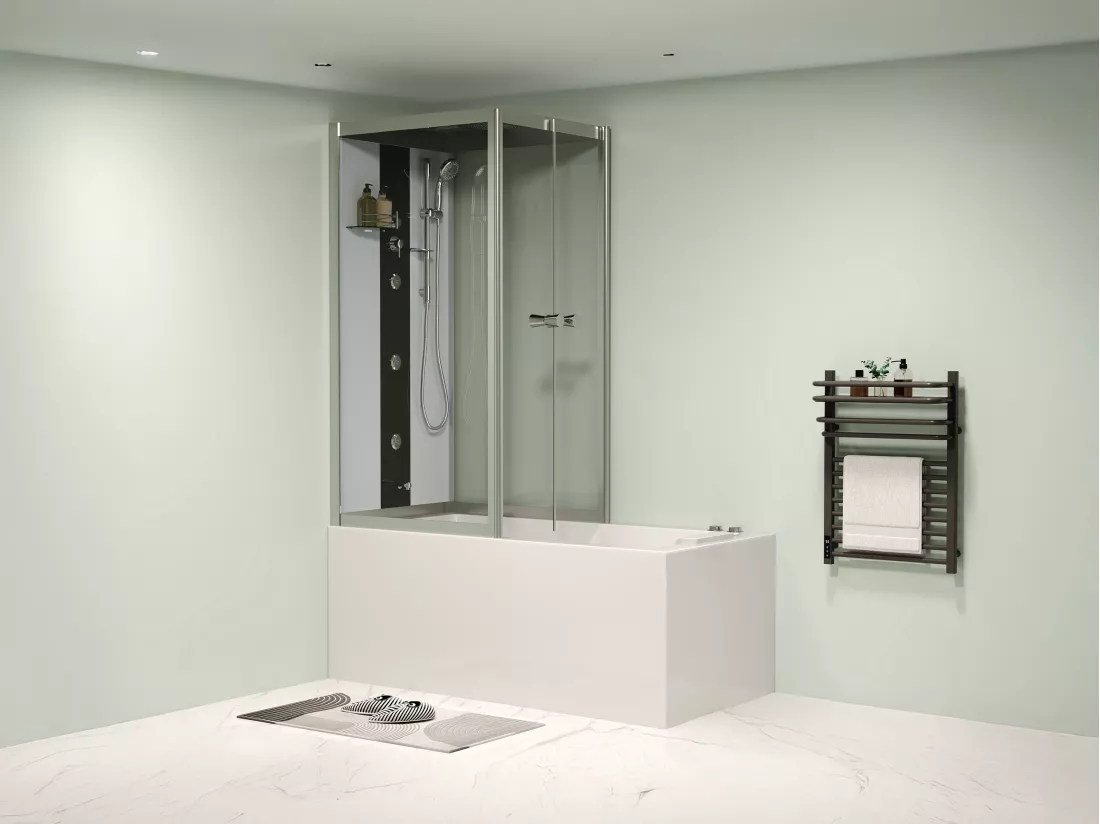 Baignoire douche balnéo - Profilés gris foncé - L150 x P75 x H215 cm - 30 microjets et 6 gros jets - DARIA