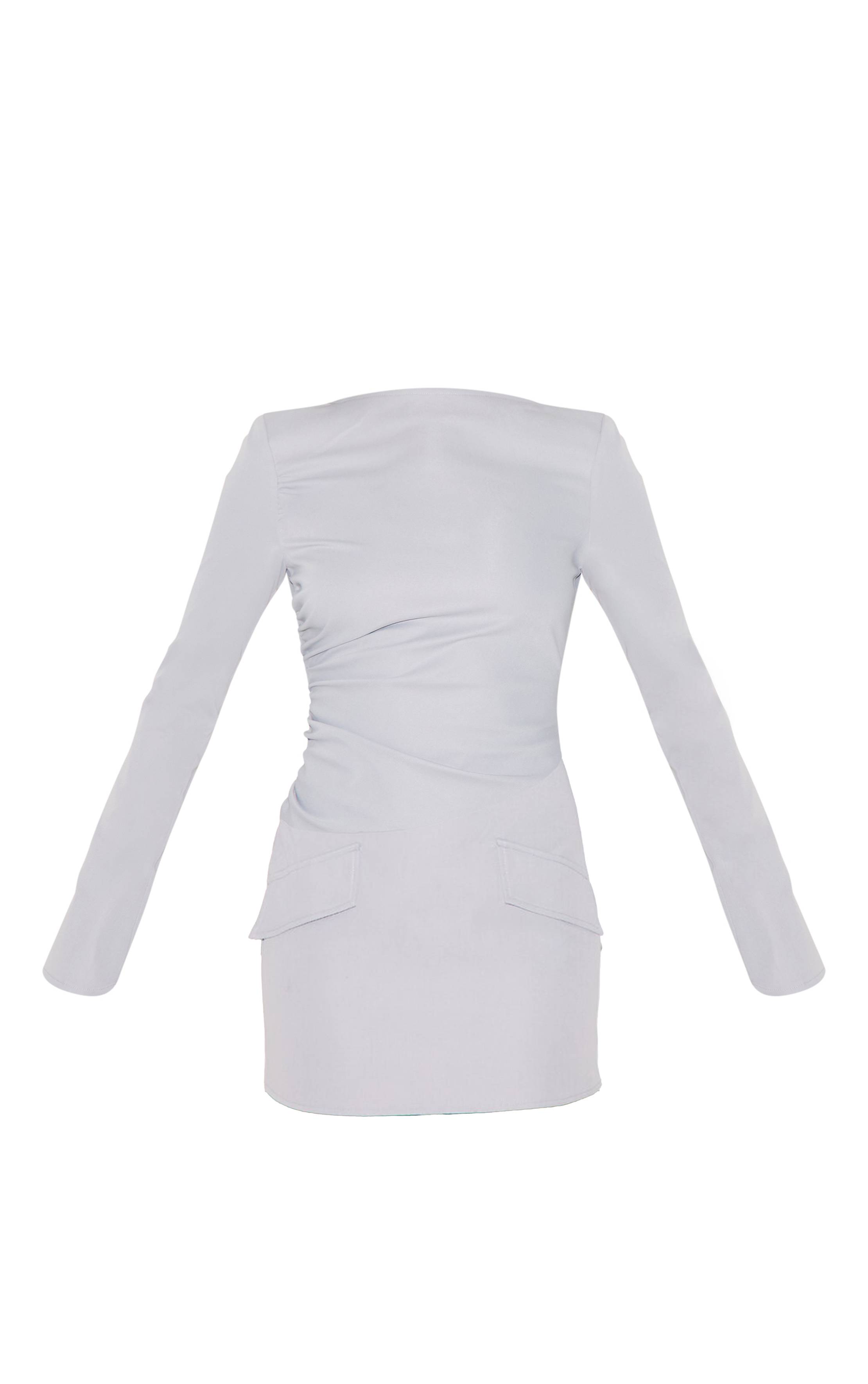 Gris Robe Moulante À Manches Longues En Tissu Tissé Ajusté Avec Détails Froncés
