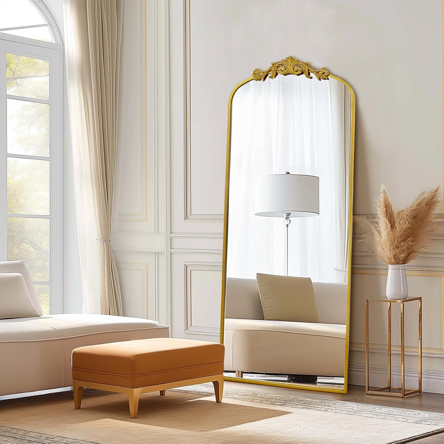 G-LEAF Antiker Ganzkörperspiegel im Barockstil, 180cm x 76cm, Freistehend, Wandmontiert oder an die Wand Angelehnt, für Schlafzimmer, Wohnzimmer, Gold