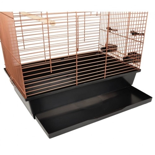 Gaiola grande para pássaros em cobre e preto.